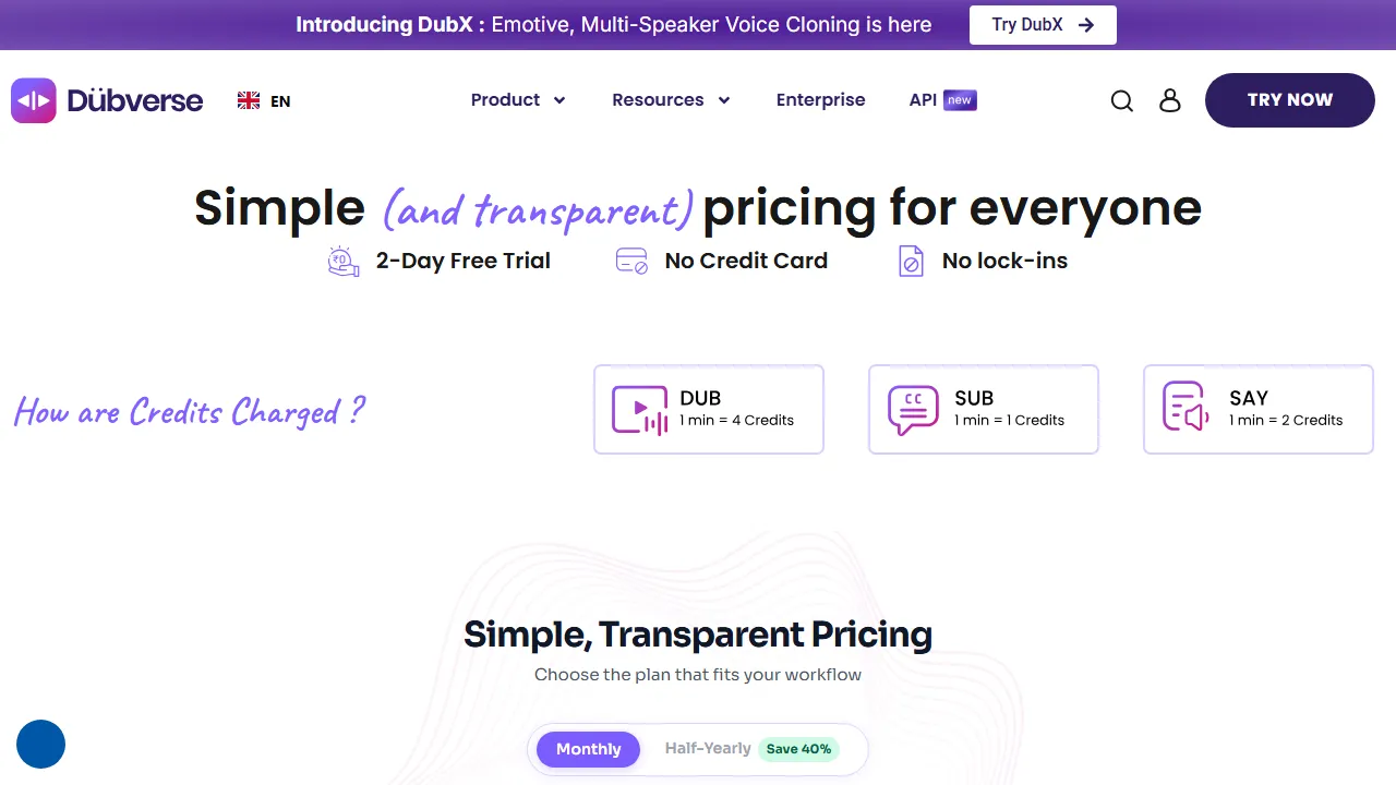 Dubverse pricing page: plans and rates