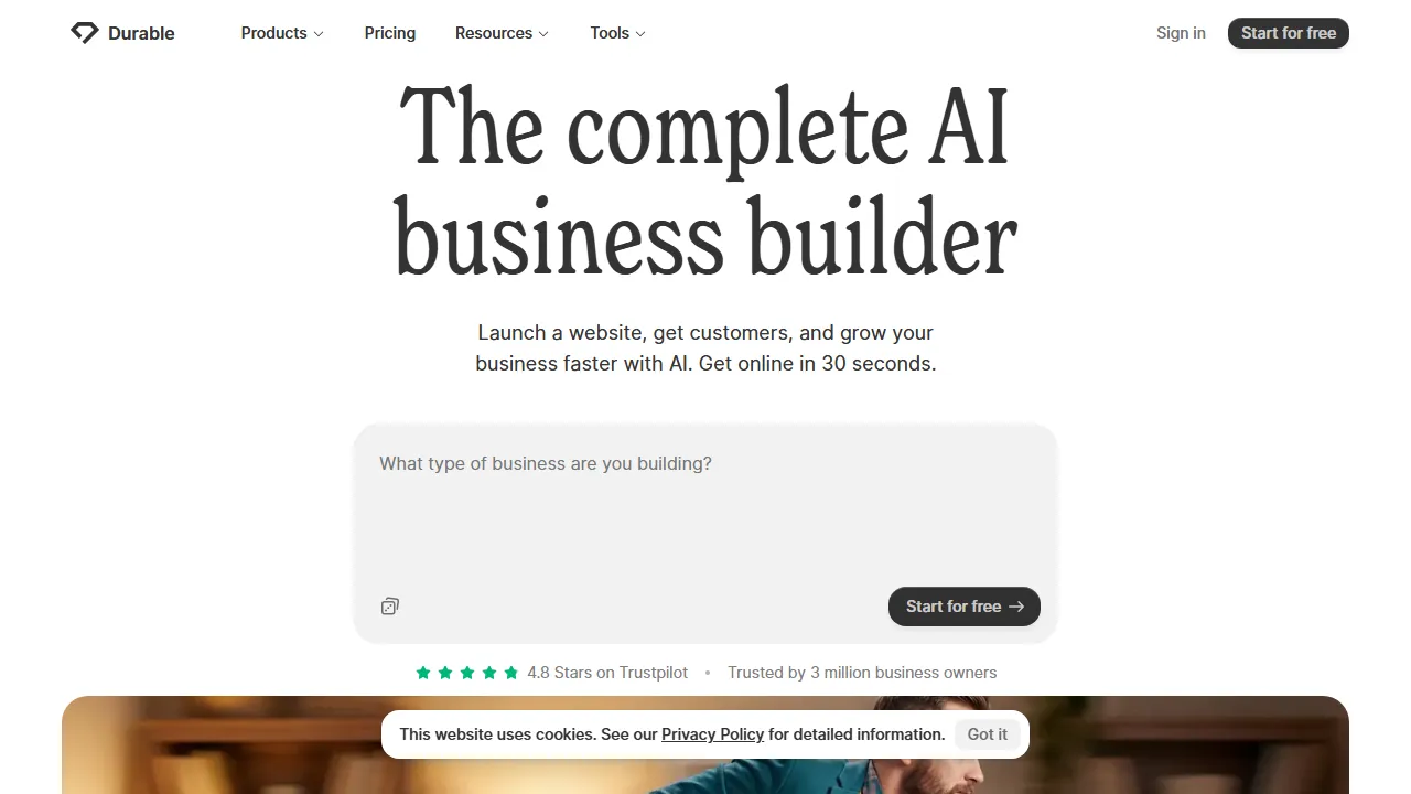 Durable homepage, no-code AI tool