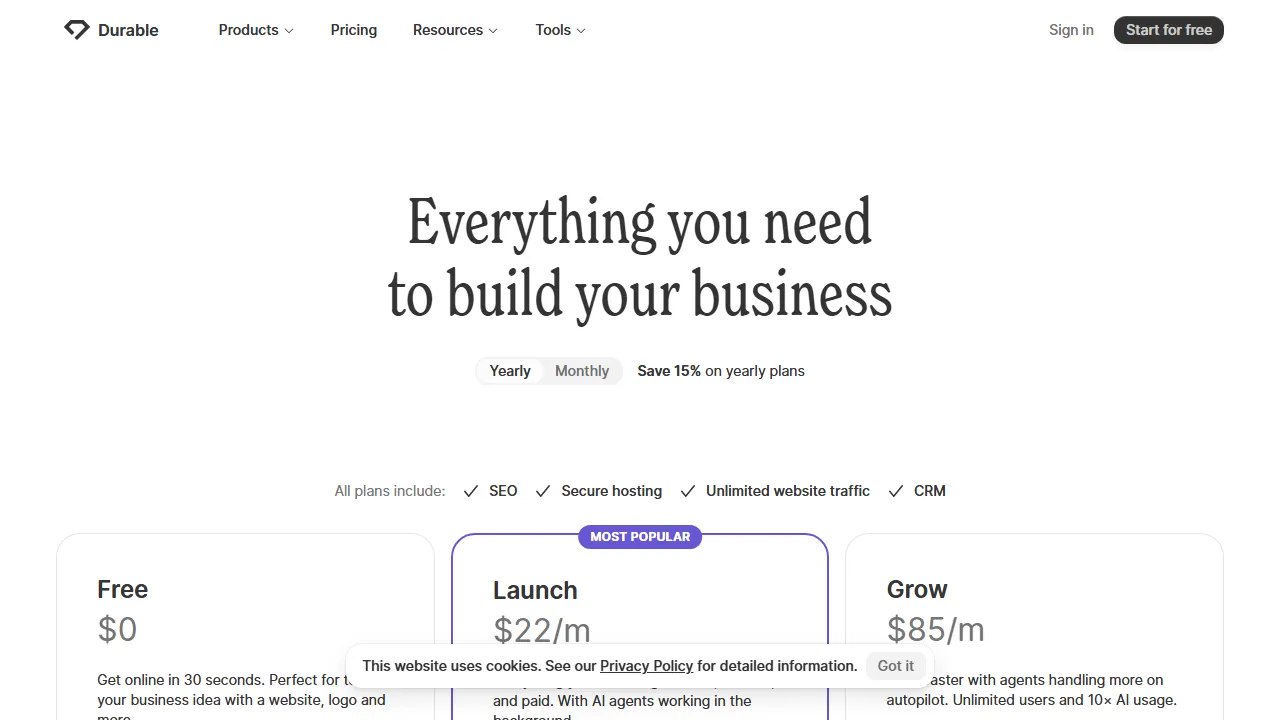 Durable pricing page: plans and rates