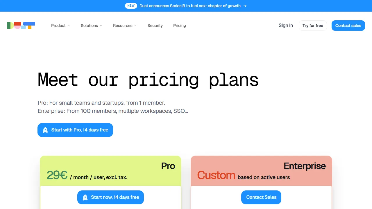 Dust pricing page: plans and rates