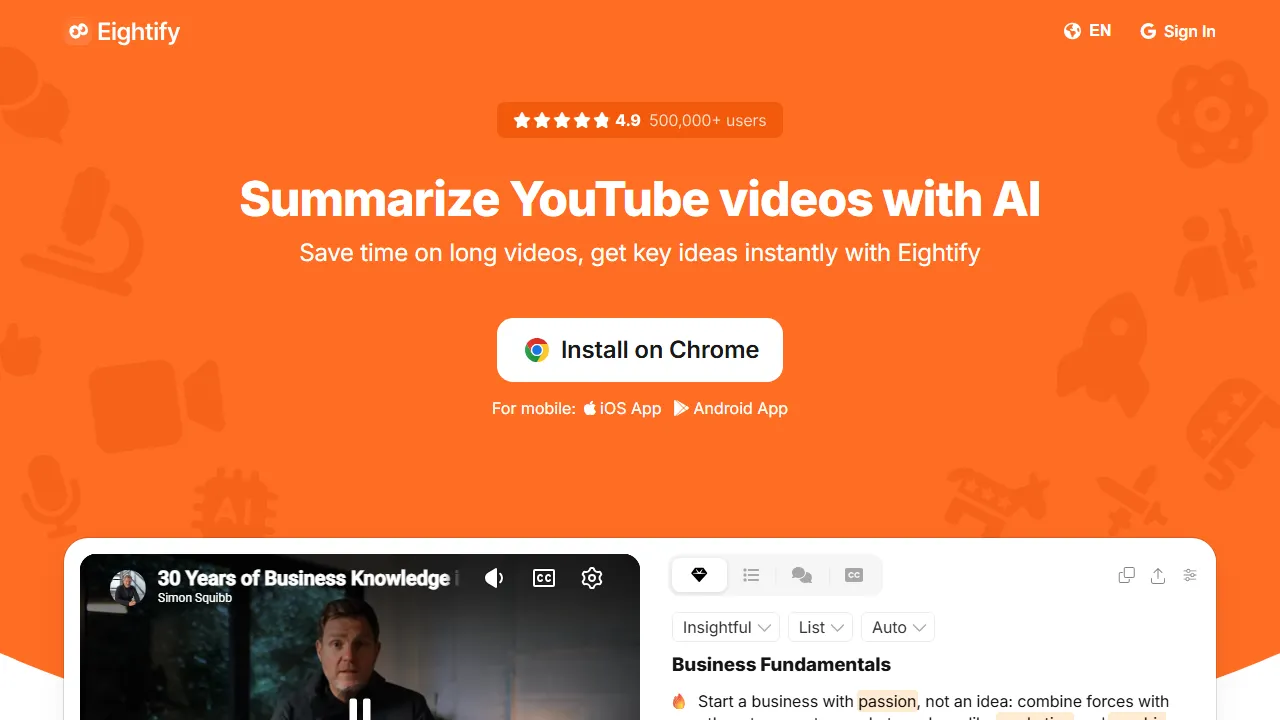 Eightify homepage, video AI tool