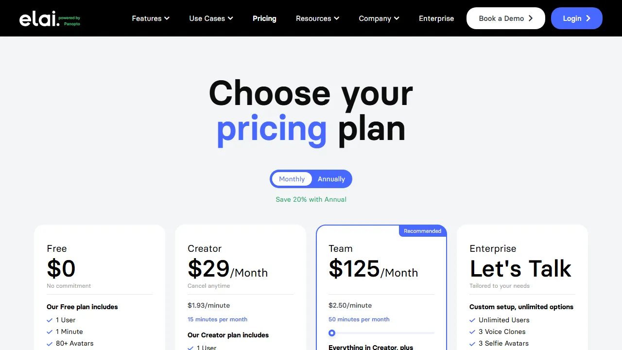 Elai pricing page: plans and rates