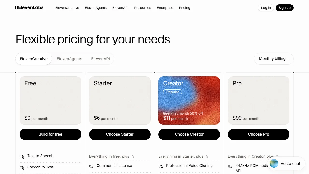 ElevenLabs Music pricing page: plans and rates