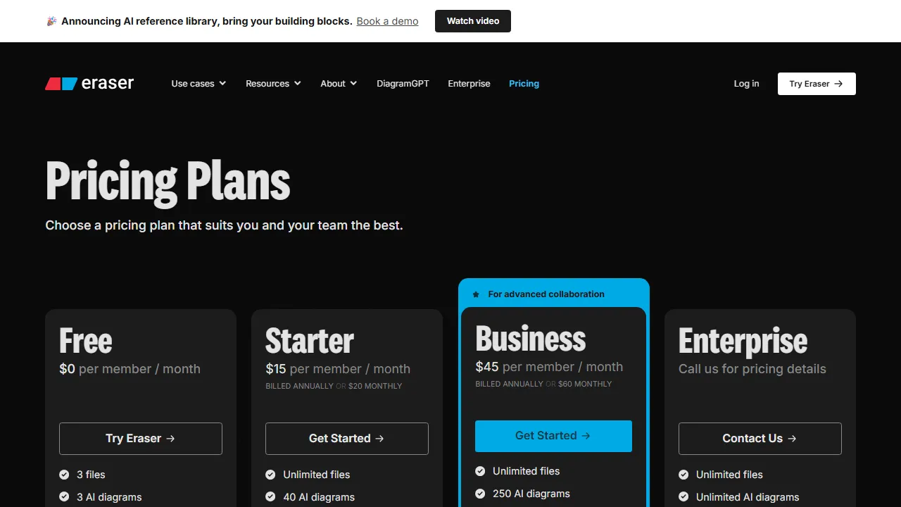 Eraser AI pricing page: plans and rates