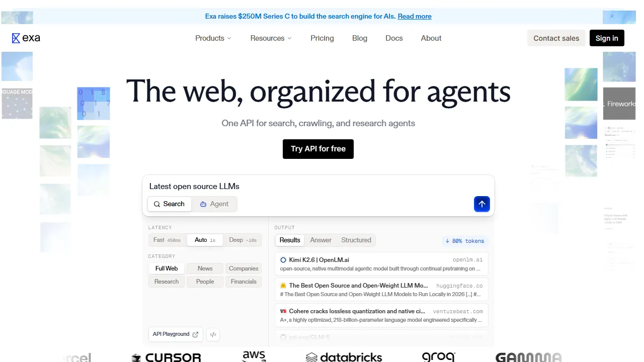 Exa homepage, search AI tool