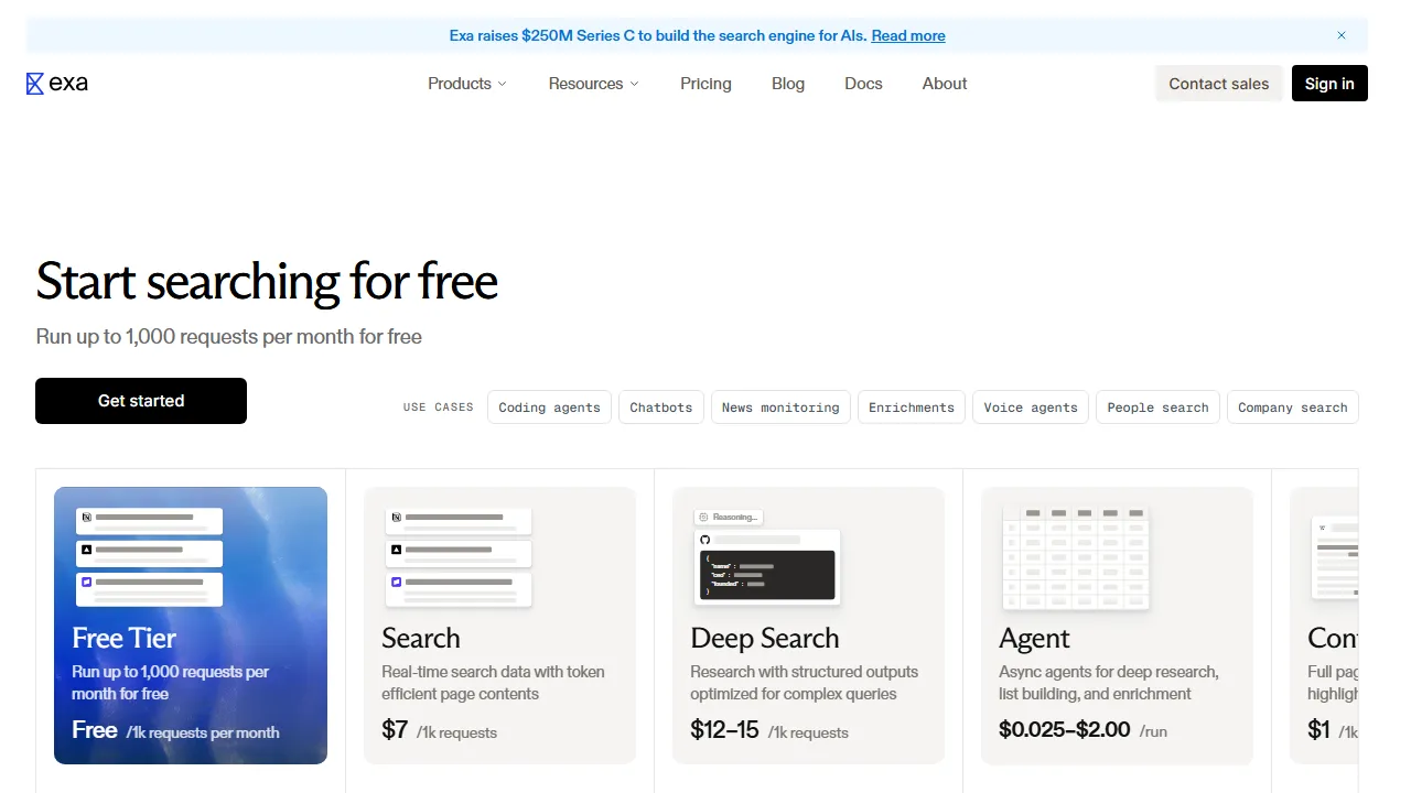 Exa pricing page: plans and rates