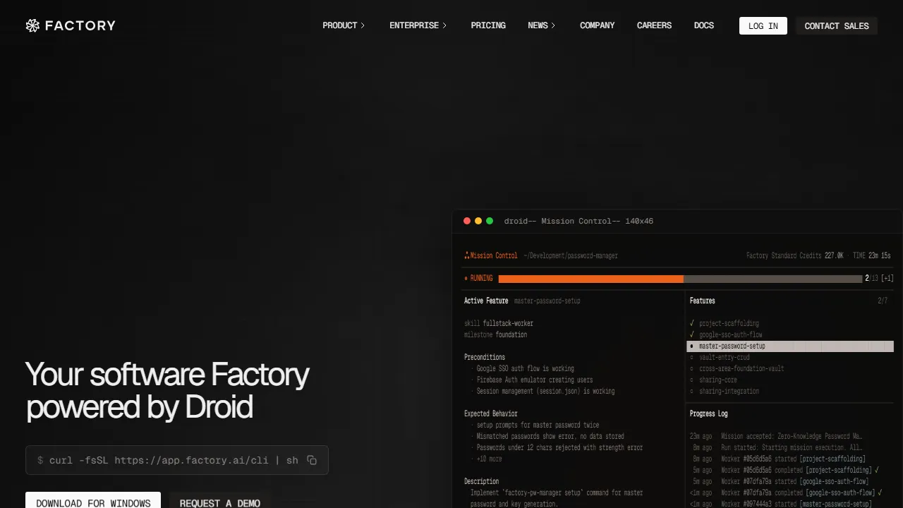 Factory homepage, code AI tool