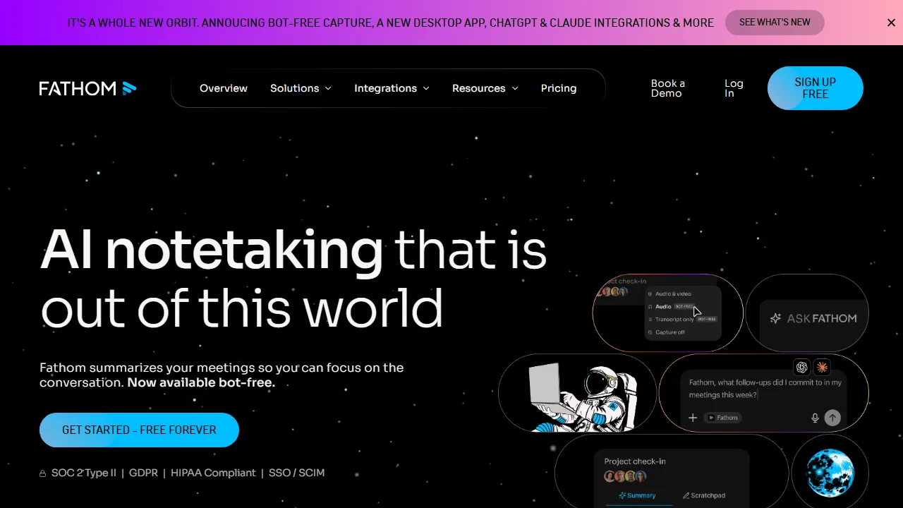 Fathom homepage, transcription & meetings AI tool