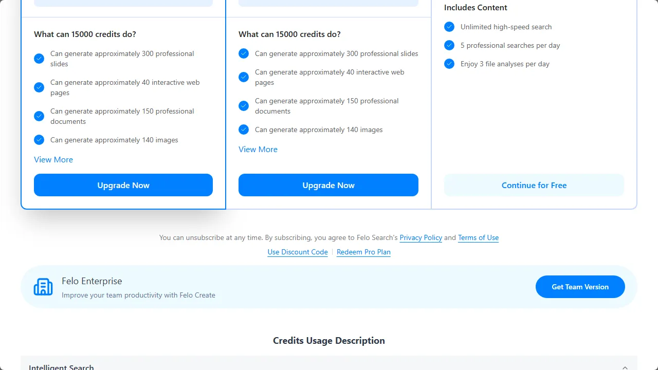 Felo pricing page: plans and rates