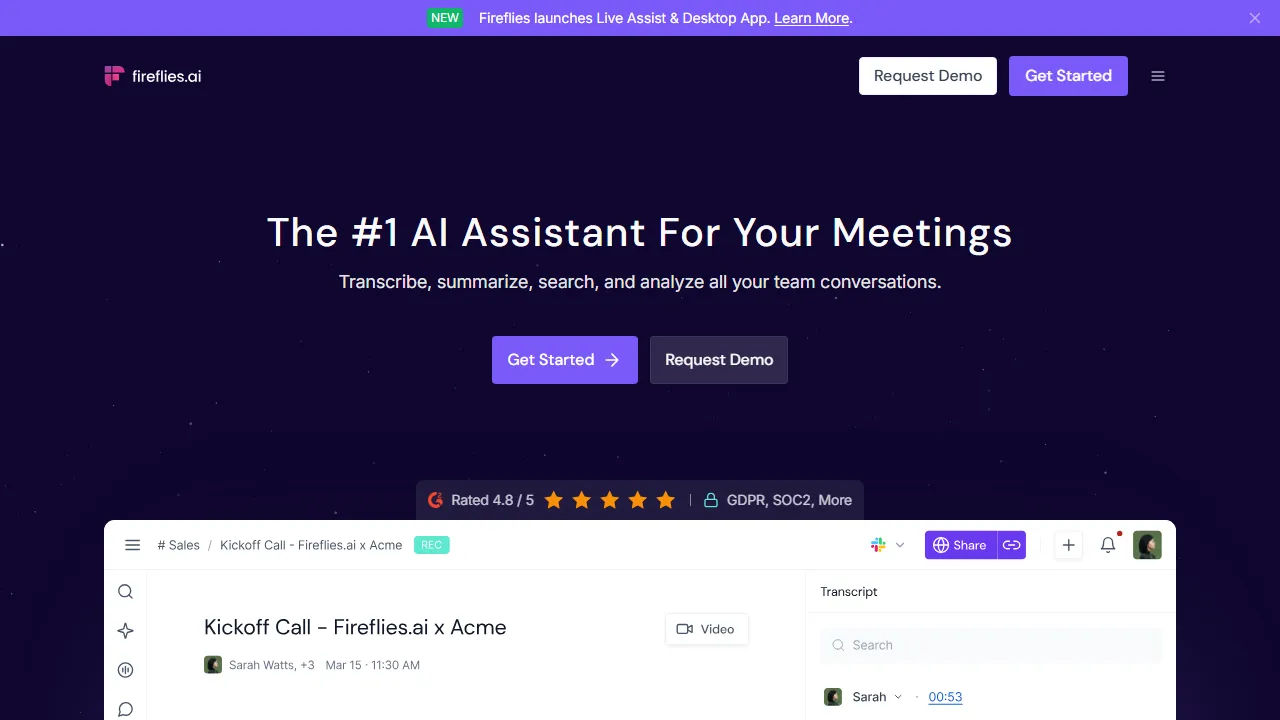 Fireflies homepage, transcription & meetings AI tool