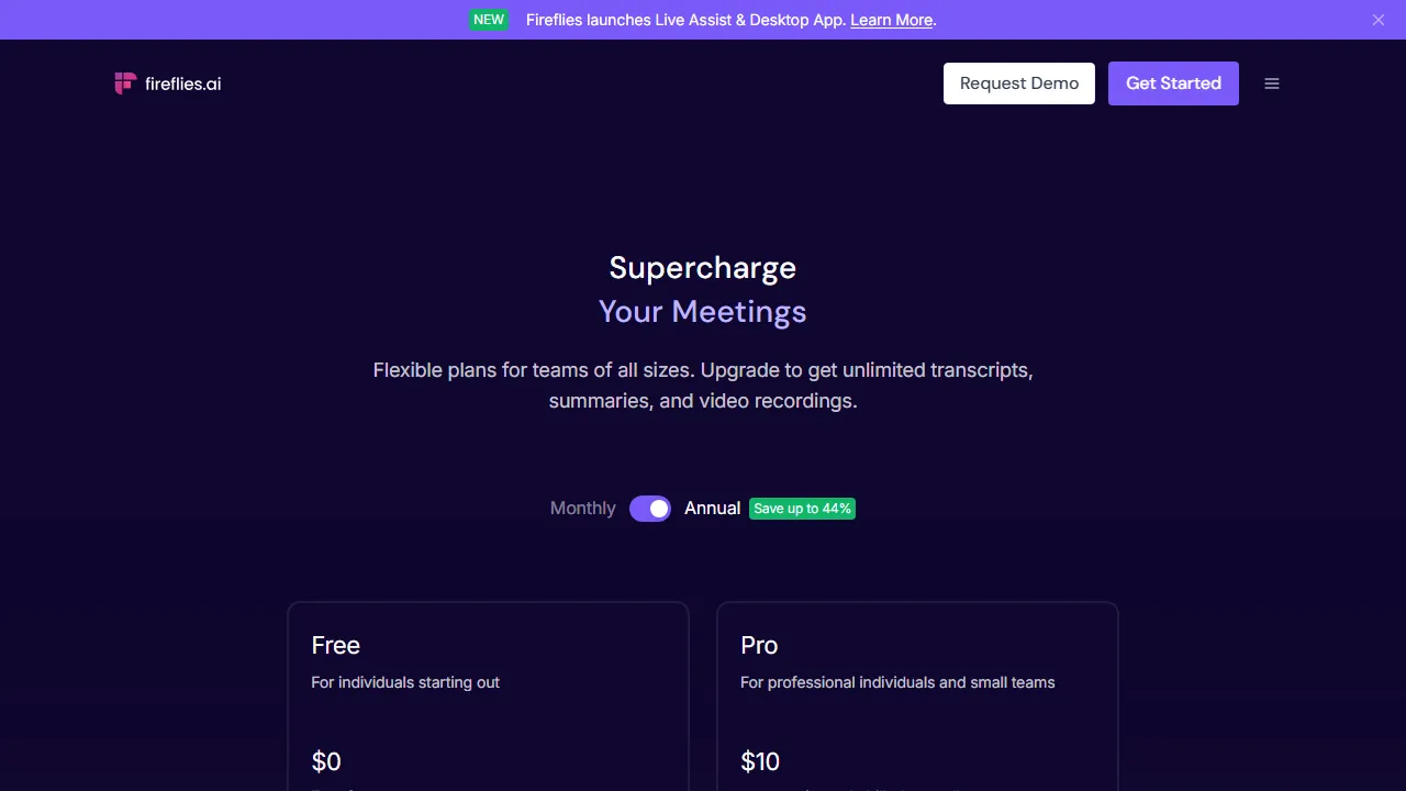 Fireflies pricing page: plans and rates