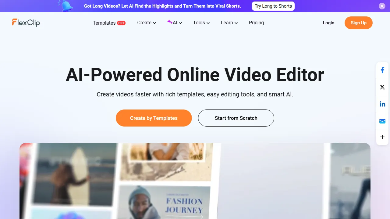 FlexClip homepage, video AI tool