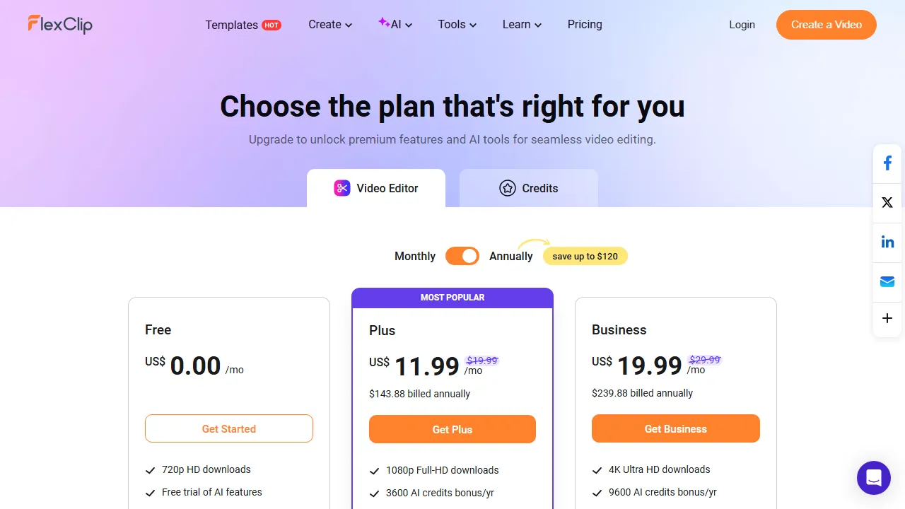 FlexClip pricing page: plans and rates