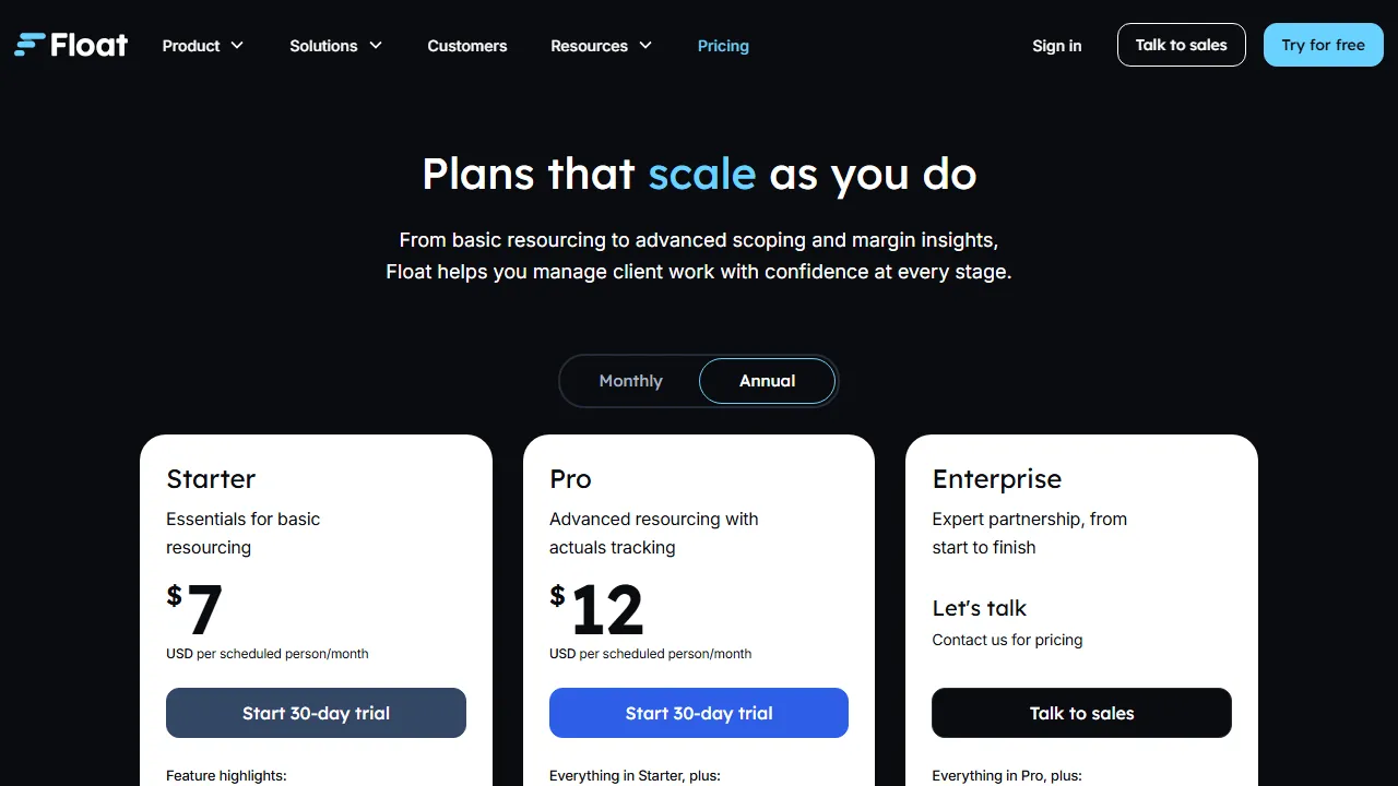 Float pricing page: plans and rates