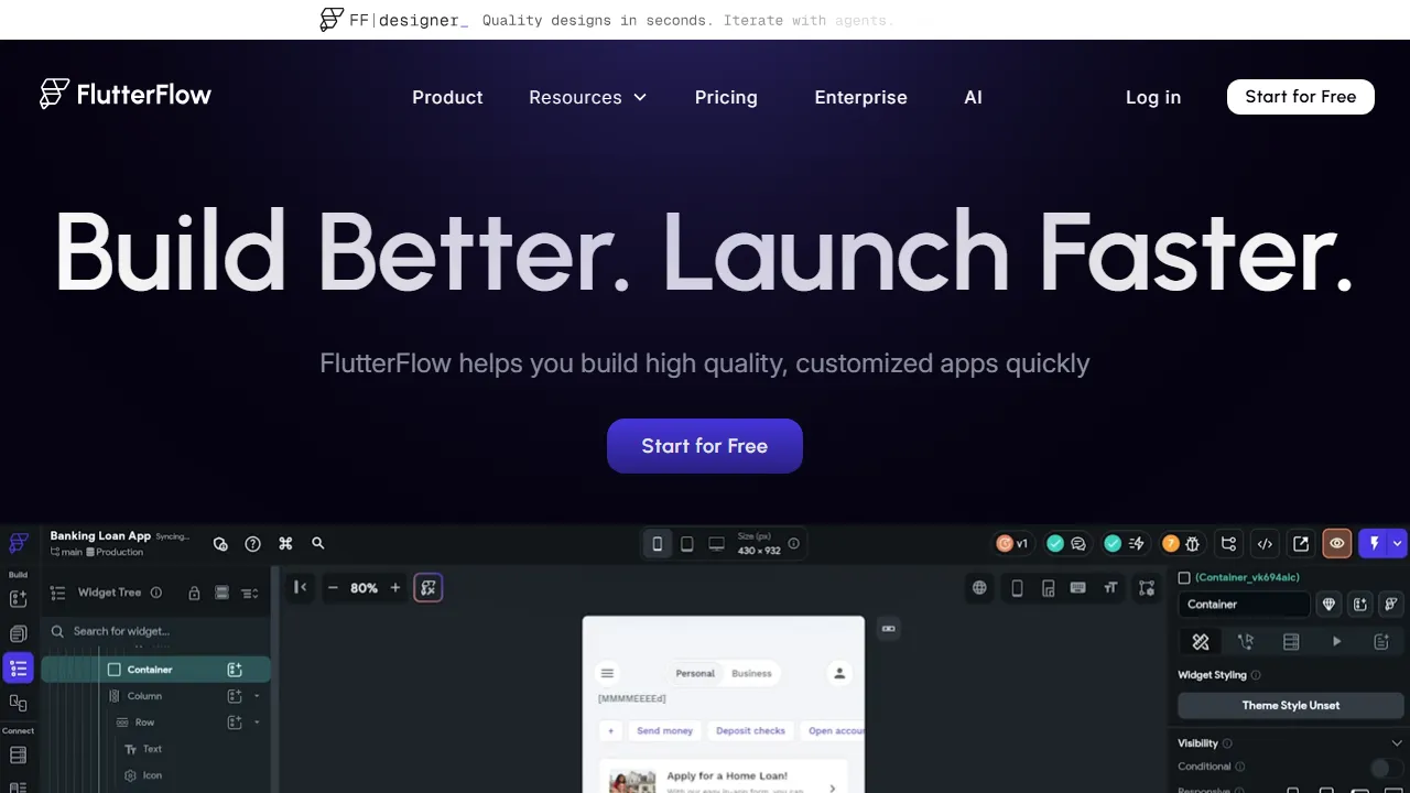 FlutterFlow homepage, no-code AI tool