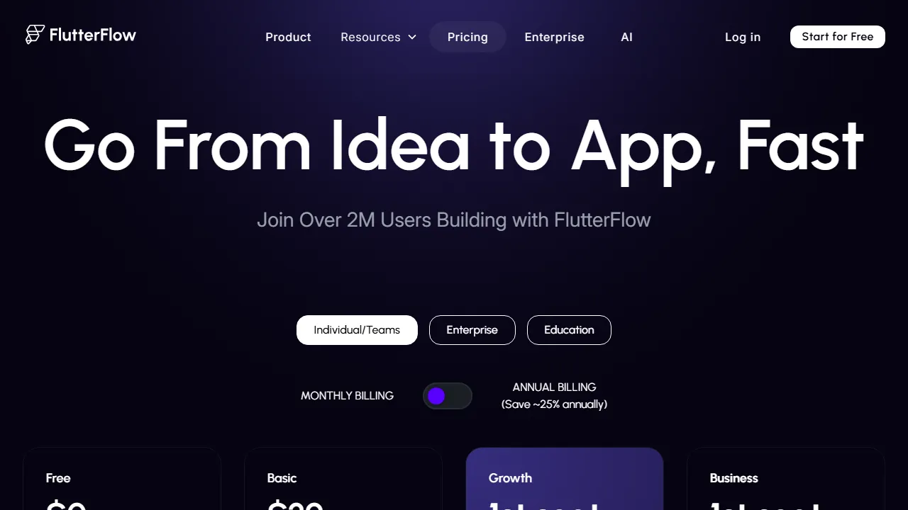 FlutterFlow pricing page: plans and rates