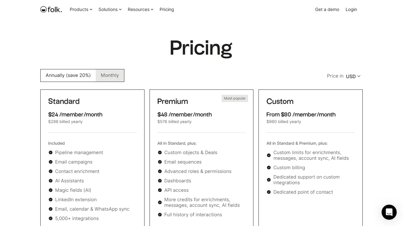 Folk AI pricing page: plans and rates