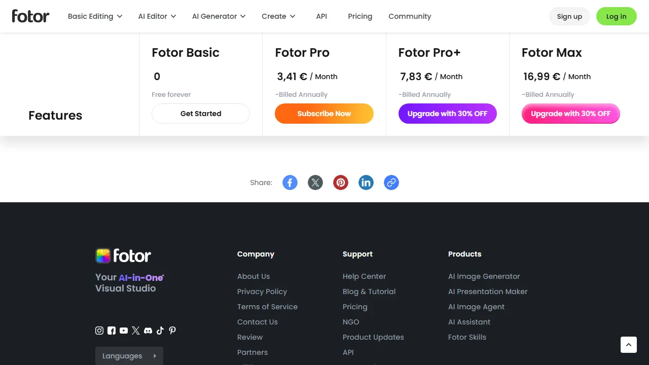 Foto AI pricing page: plans and rates
