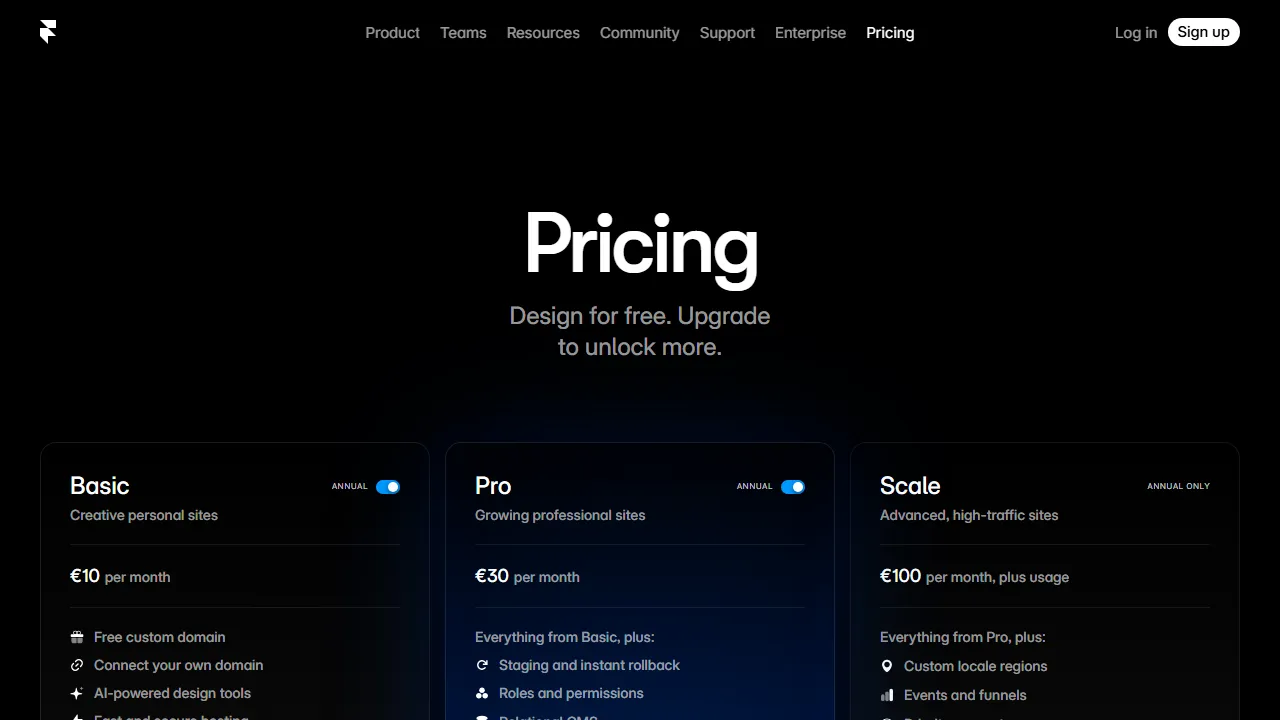 Framer pricing page: plans and rates