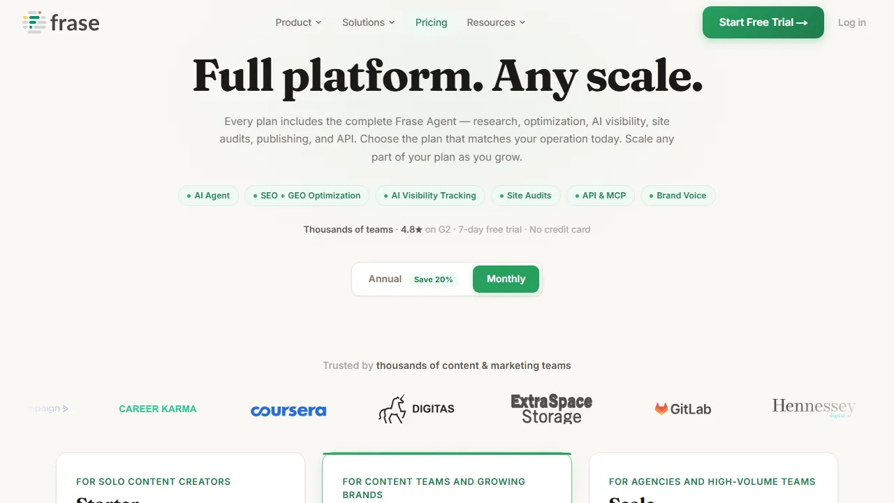 Frase pricing page: plans and rates