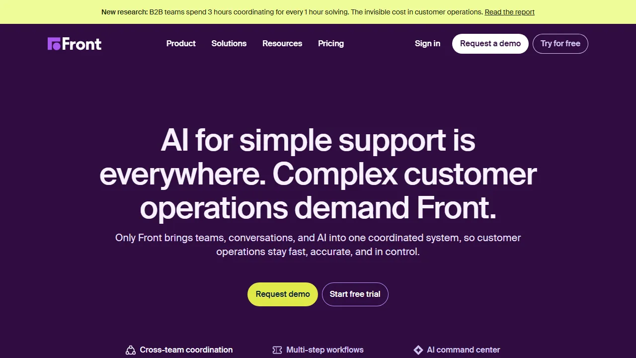Front AI homepage, customer support & sales AI tool