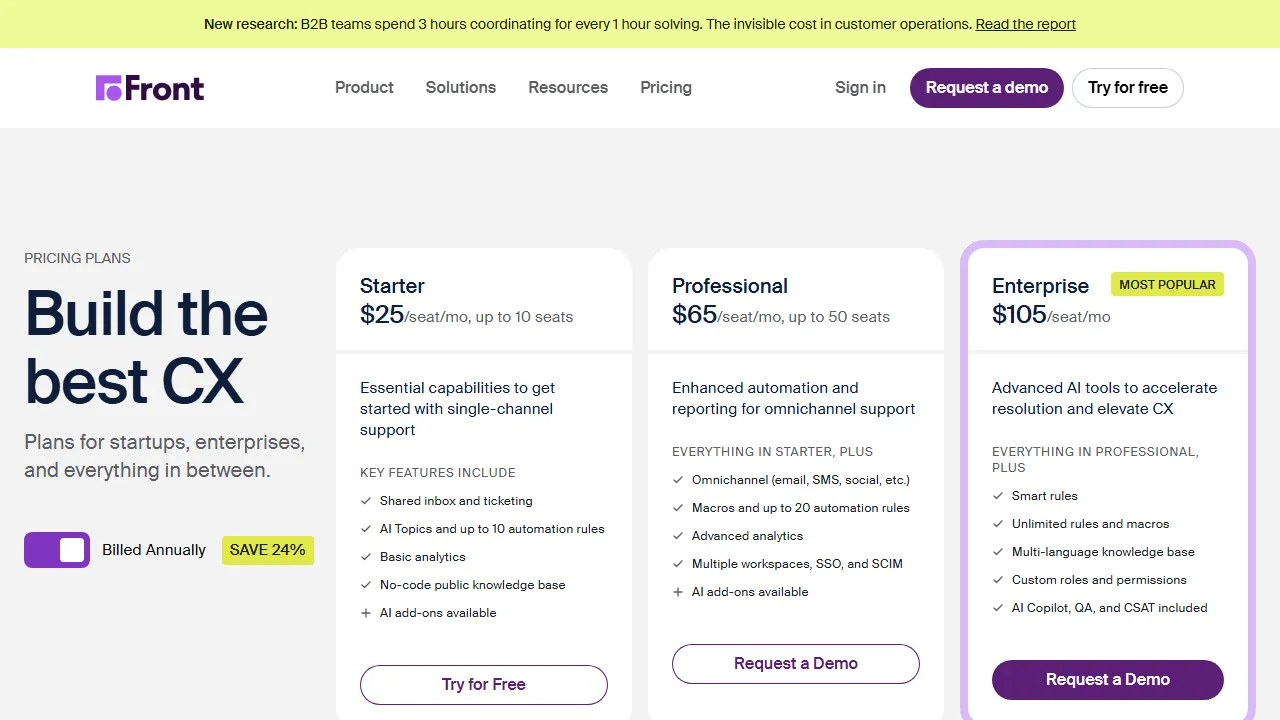 Front AI pricing page: plans and rates