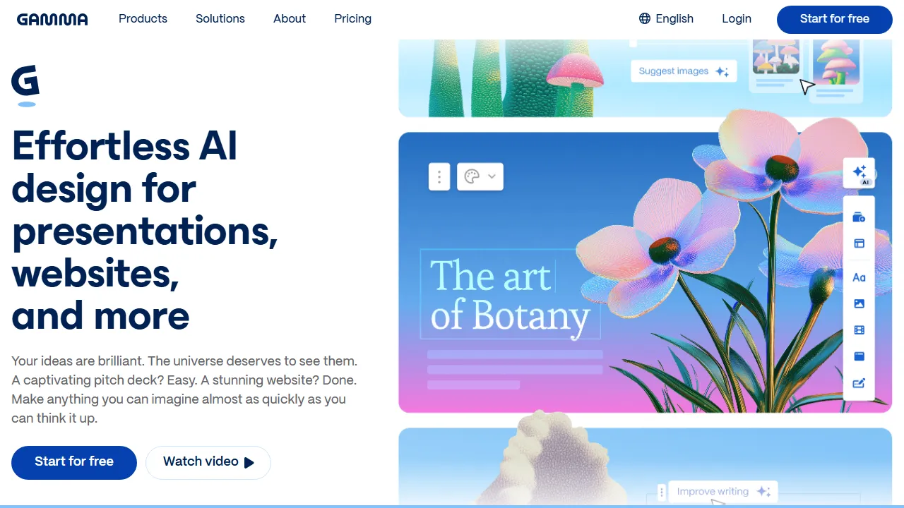 Gamma homepage, presentation AI tool