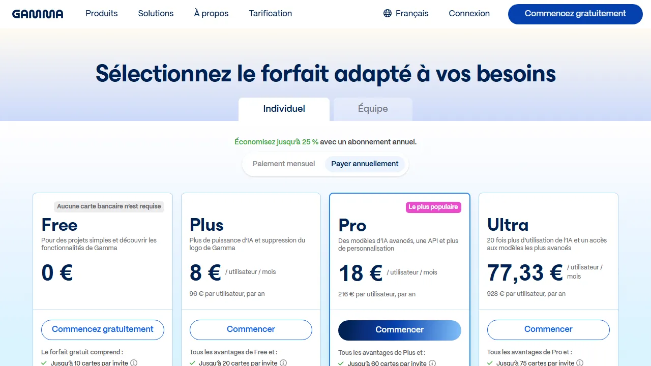 Gamma pricing page: plans and rates