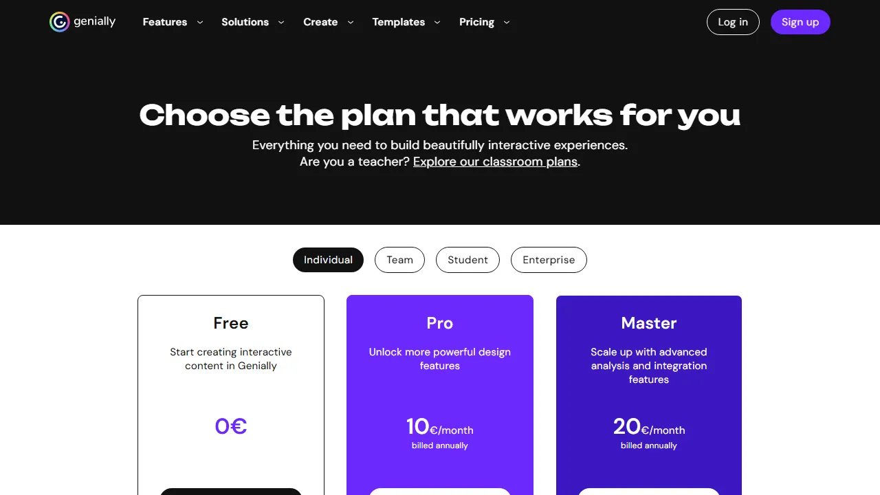 Genially AI pricing page: plans and rates