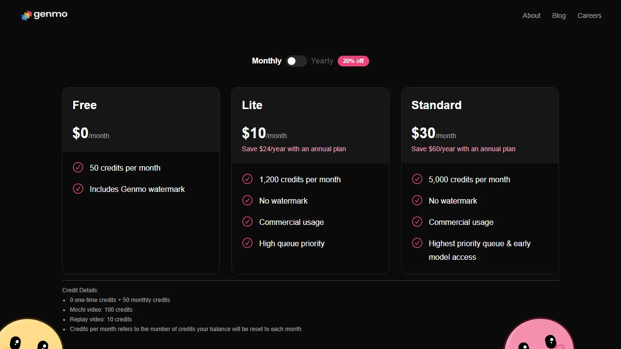 Genmo pricing page: plans and rates