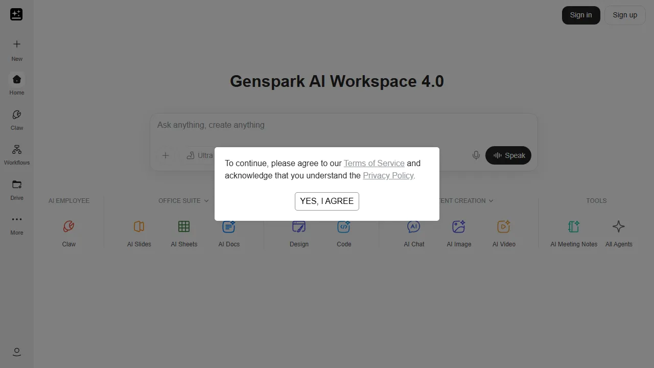 Genspark homepage, ai agents AI tool