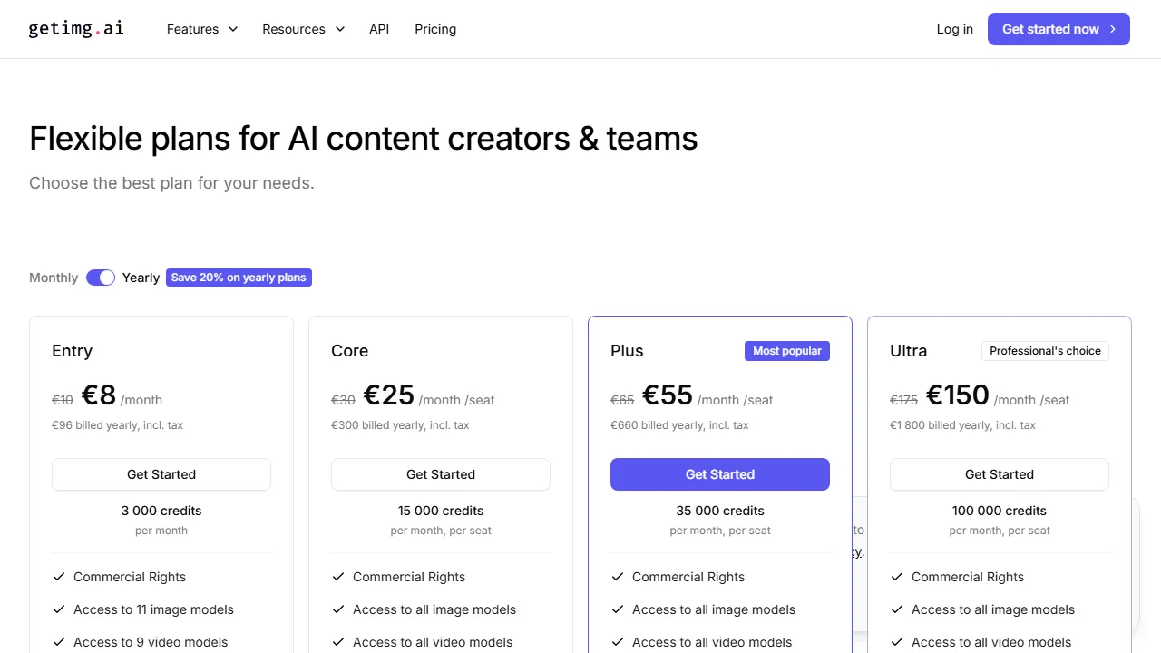 Getimg AI pricing page: plans and rates