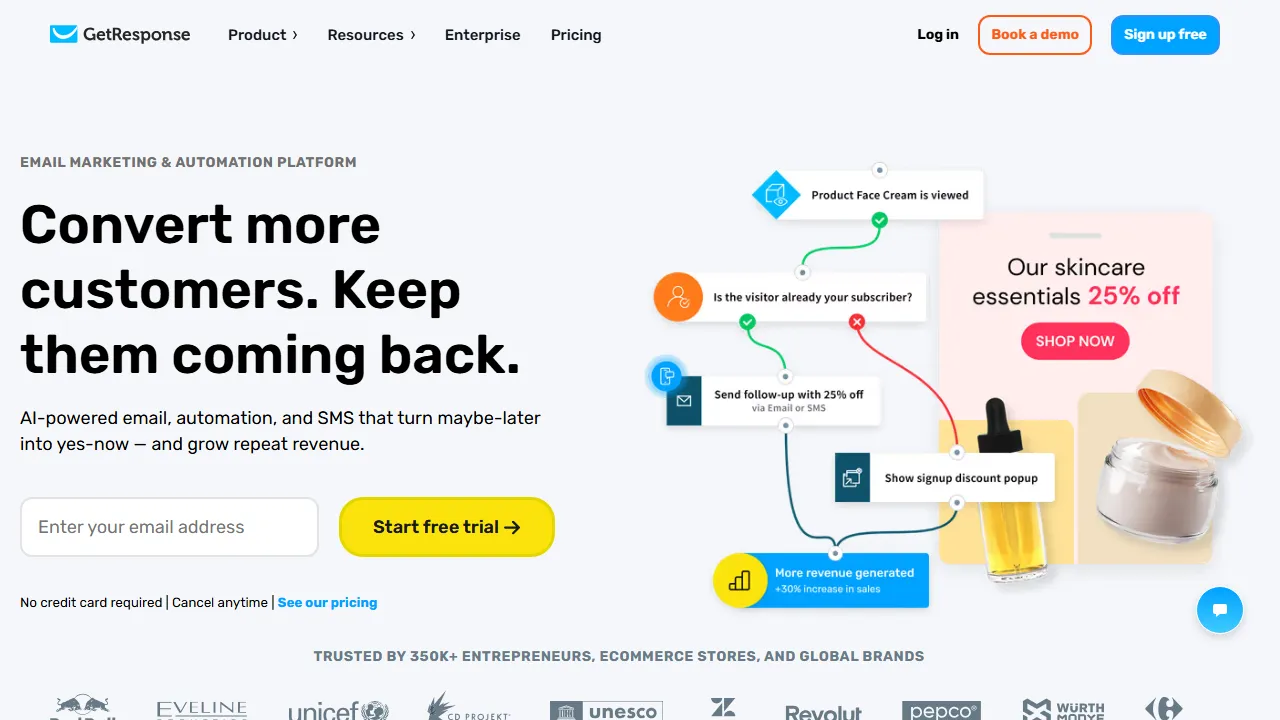 GetResponse AI Builder homepage, no-code AI tool