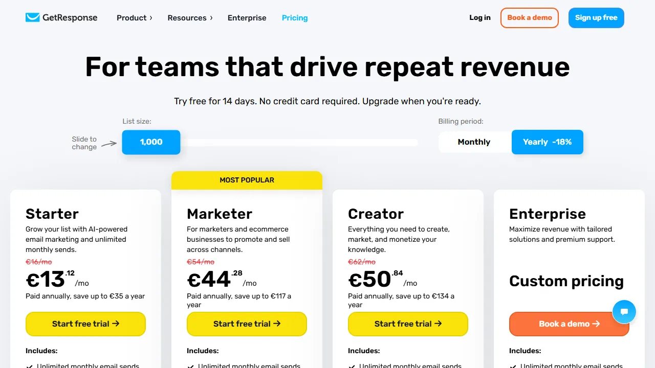GetResponse AI Builder pricing page: plans and rates