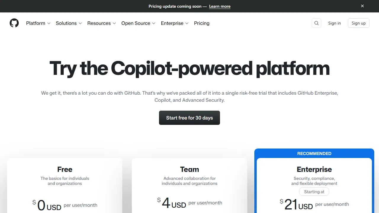 GitHub Copilot pricing page: plans and rates