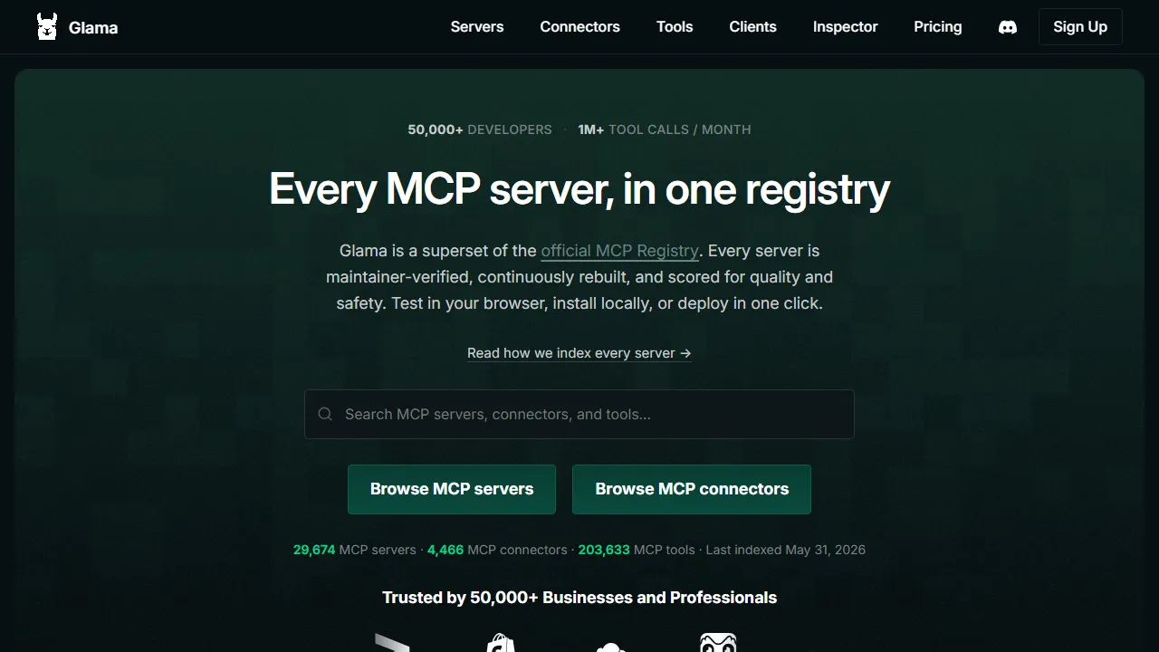 Glama homepage, mcp & connectors AI tool