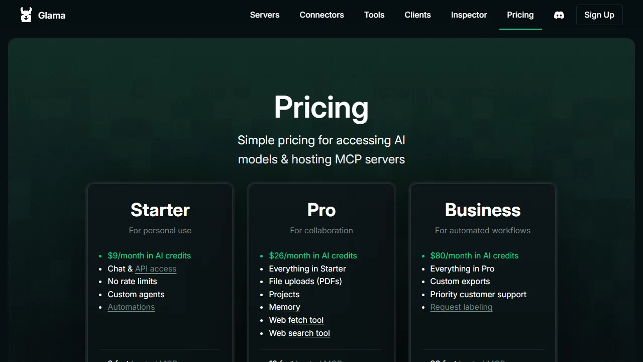 Glama pricing page: plans and rates