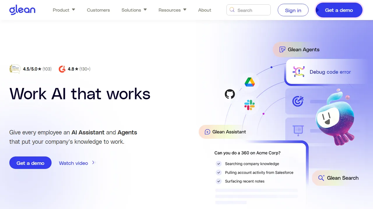 Glean homepage, productivity AI tool