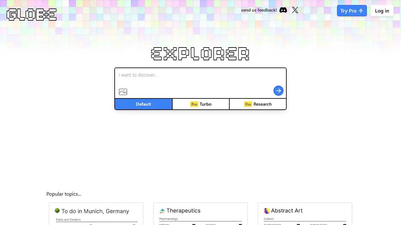 Globe Explorer homepage, search AI tool