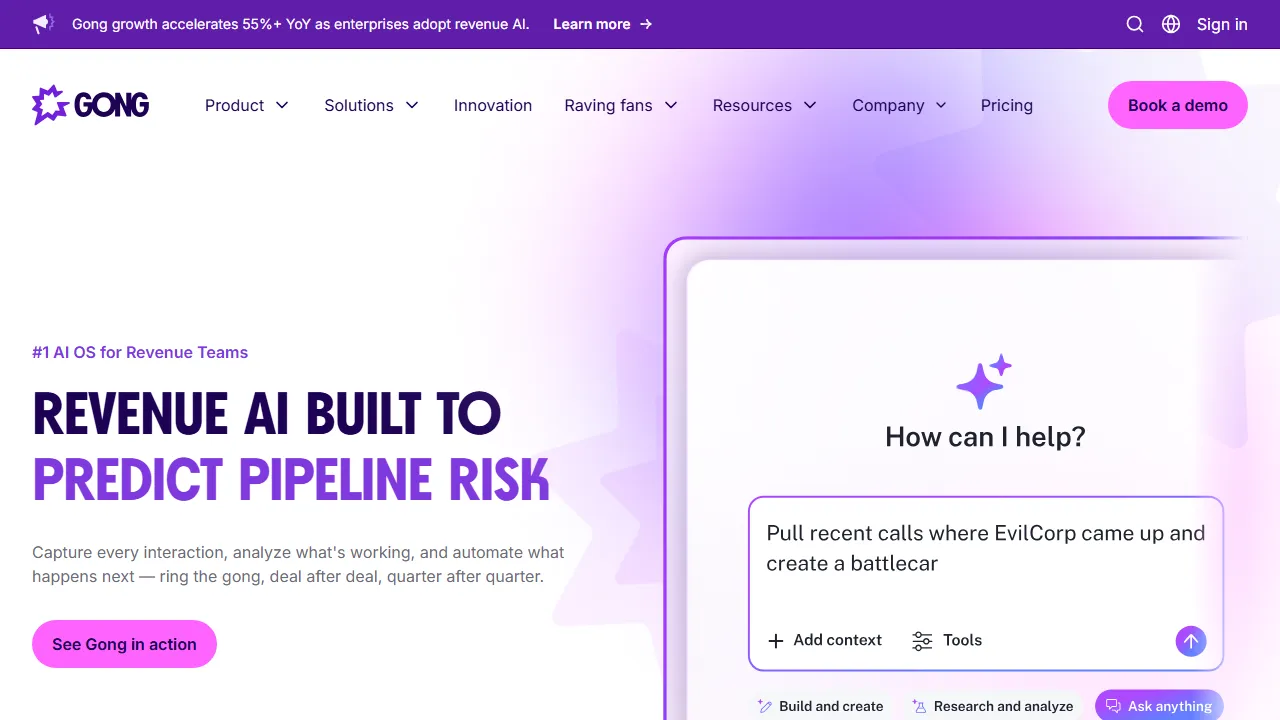 Gong homepage, customer support & sales AI tool