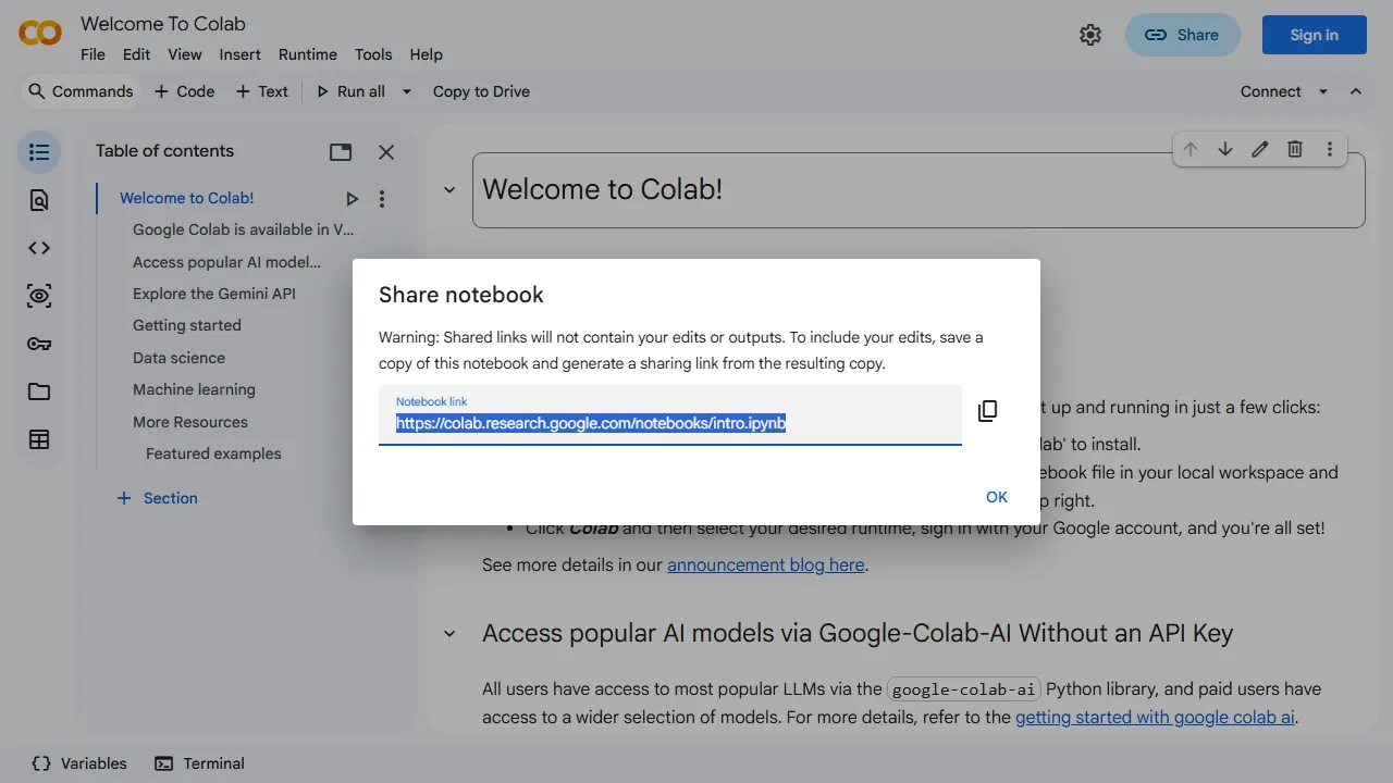 Google Colab homepage, code AI tool