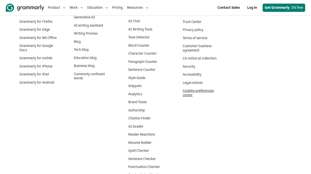 Grammarly homepage, writing AI tool
