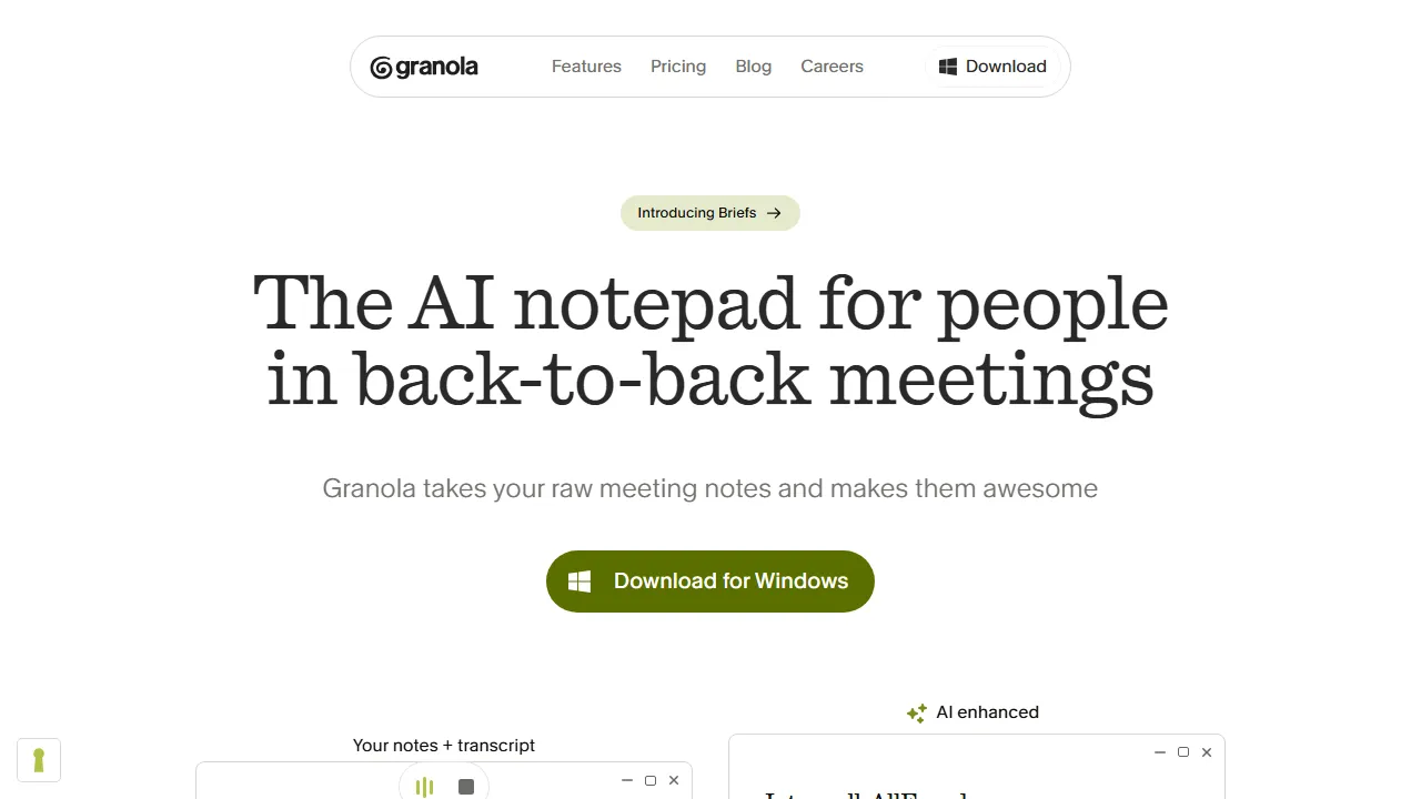 Granola homepage, transcription & meetings AI tool