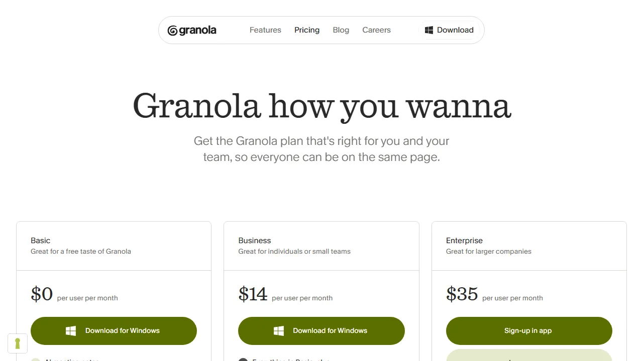 Granola pricing page: plans and rates