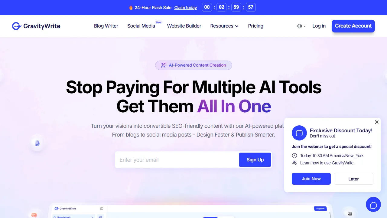 GravityWrite homepage, writing AI tool