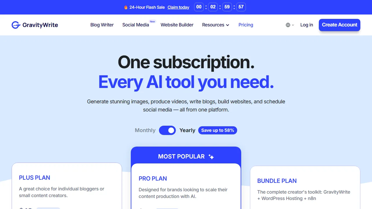 GravityWrite pricing page: plans and rates