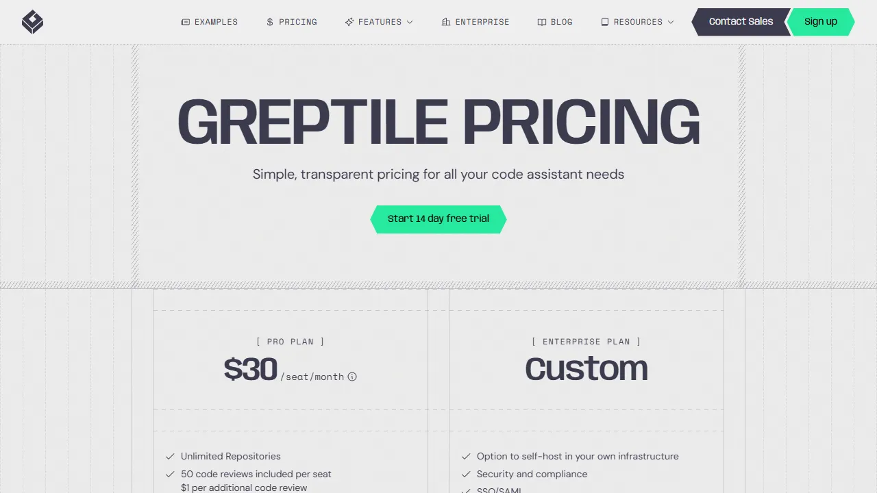 Greptile pricing page: plans and rates