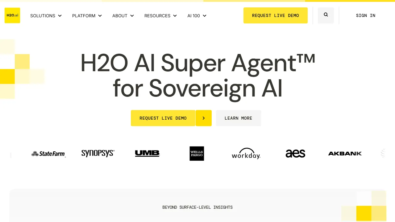 H2O.ai homepage, data & analysis AI tool
