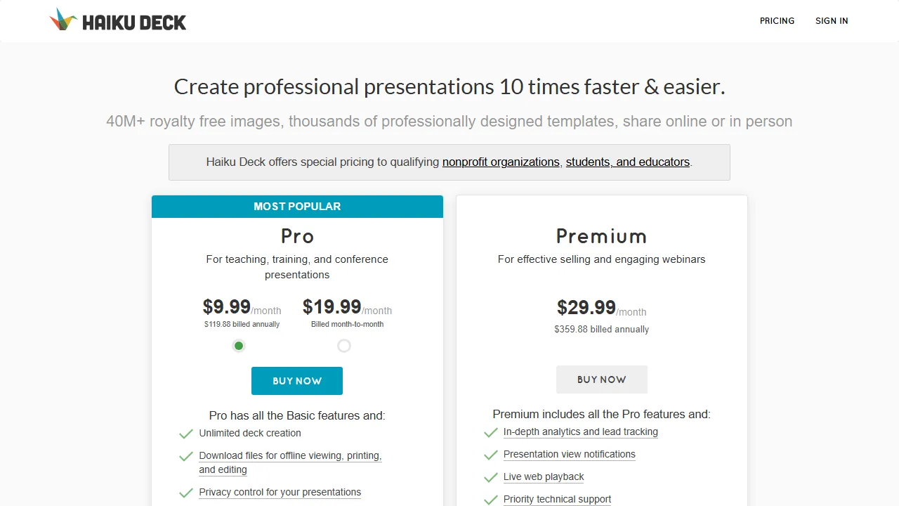 Haiku Deck pricing page: plans and rates