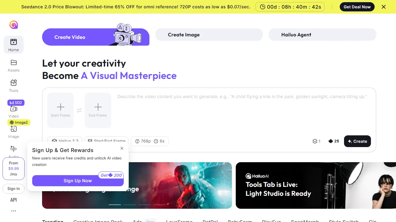 Hailuo AI homepage, video AI tool